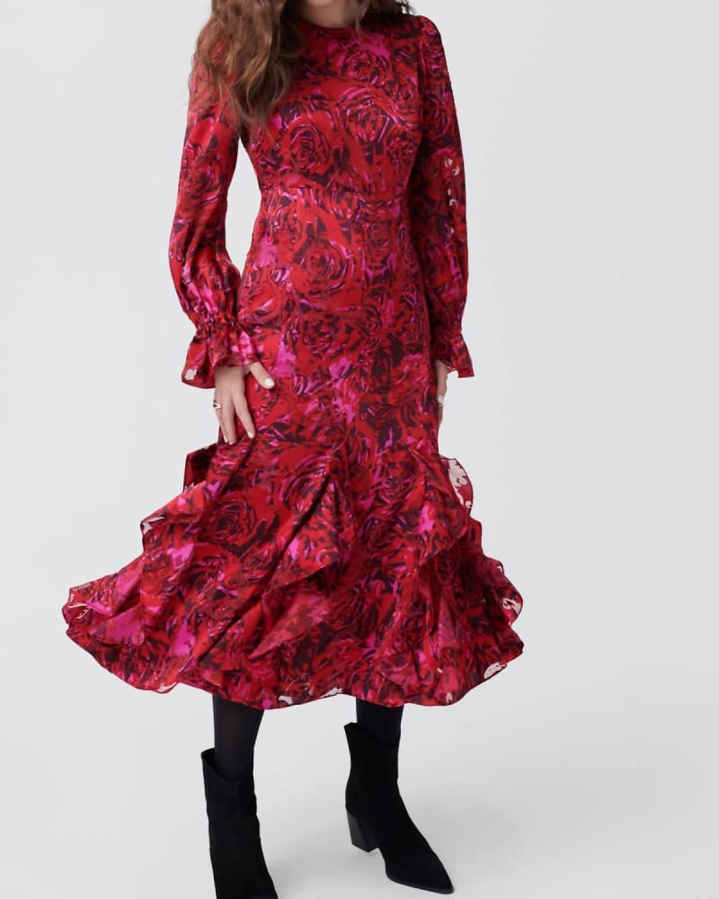 Front of a model wearing a size 10 Iva Dress In Eye Of The Rose Forb Fruit in Eye Of The Rose Forb Fruit by Diane von Furstenberg. | dia_product_style_image_id:346484